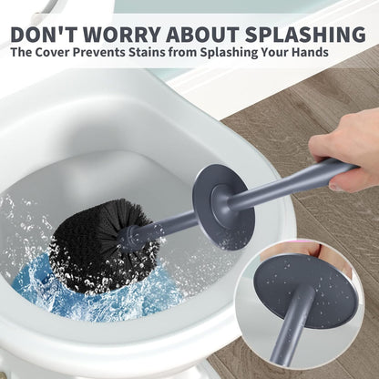 Toilet Brush, Toilet Bowl Brush with Extra Long Handle Durable Bristles Toilet Scrubber and Covered Holder for Toilet Brush Set for Bathroom Cleaning (Black, 1 Set)