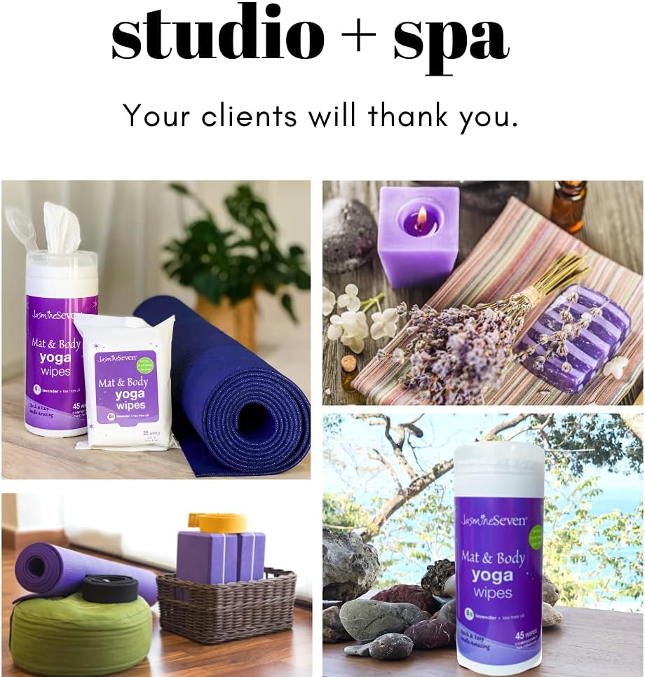 Yoga Wipes for Mat and Body - Bulk CASE of 6 - Natural Lavender and Tea Tree - by Jasmine Seven - for Studio, Gym, Spa, Fitness