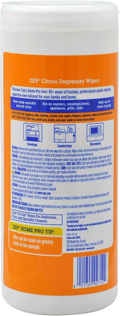 Zep Home Pro Citrus Degreaser Wipes 50 count- R59012 - Quickly cleans and degreases heavy-duty messes