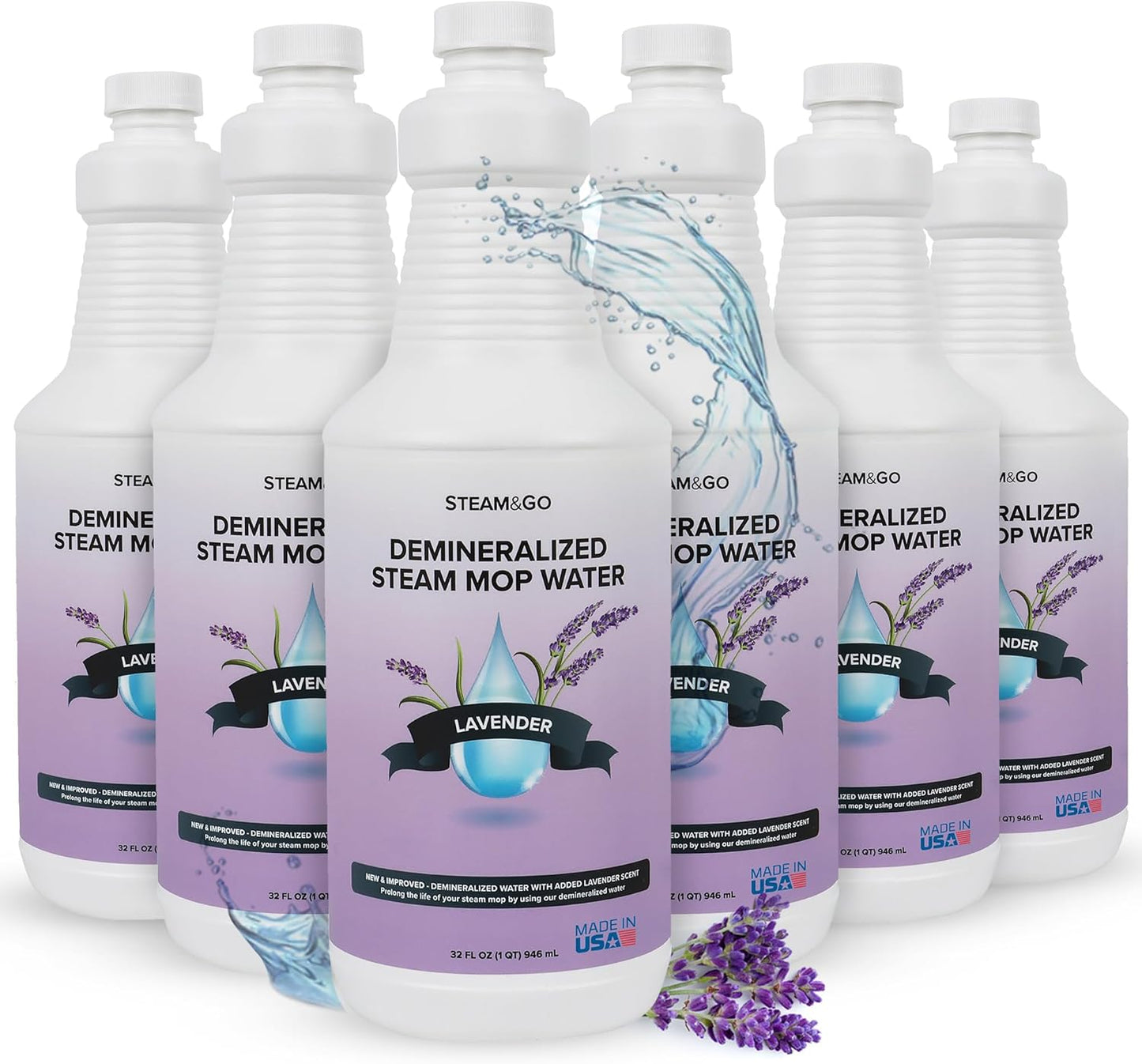 Steam & Go Demineralized Water for Steam Cleaner - PVC-Free Floor Cleaning Solution Compatible for All Steam Mops - Multi-Surface Cleaner for Home Surfaces - Lavender Scent, 32 oz