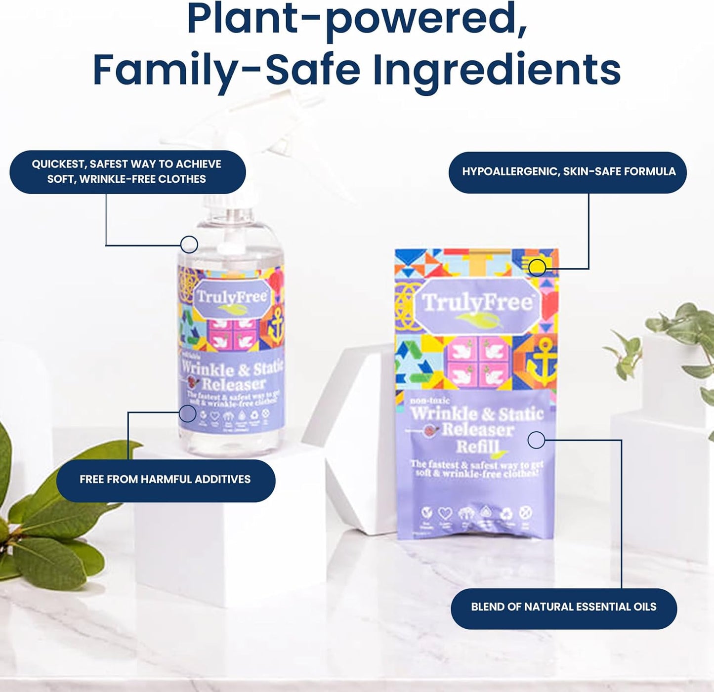Truly Free Wrinkle & Static Releaser - Wrinkle Release for Clothes, Linen, & Sheet Fabrics - Static Guard Spray - Plant-Based - 12 oz Reusable Empty Spray Bottle + One (3 oz) Fill Pack