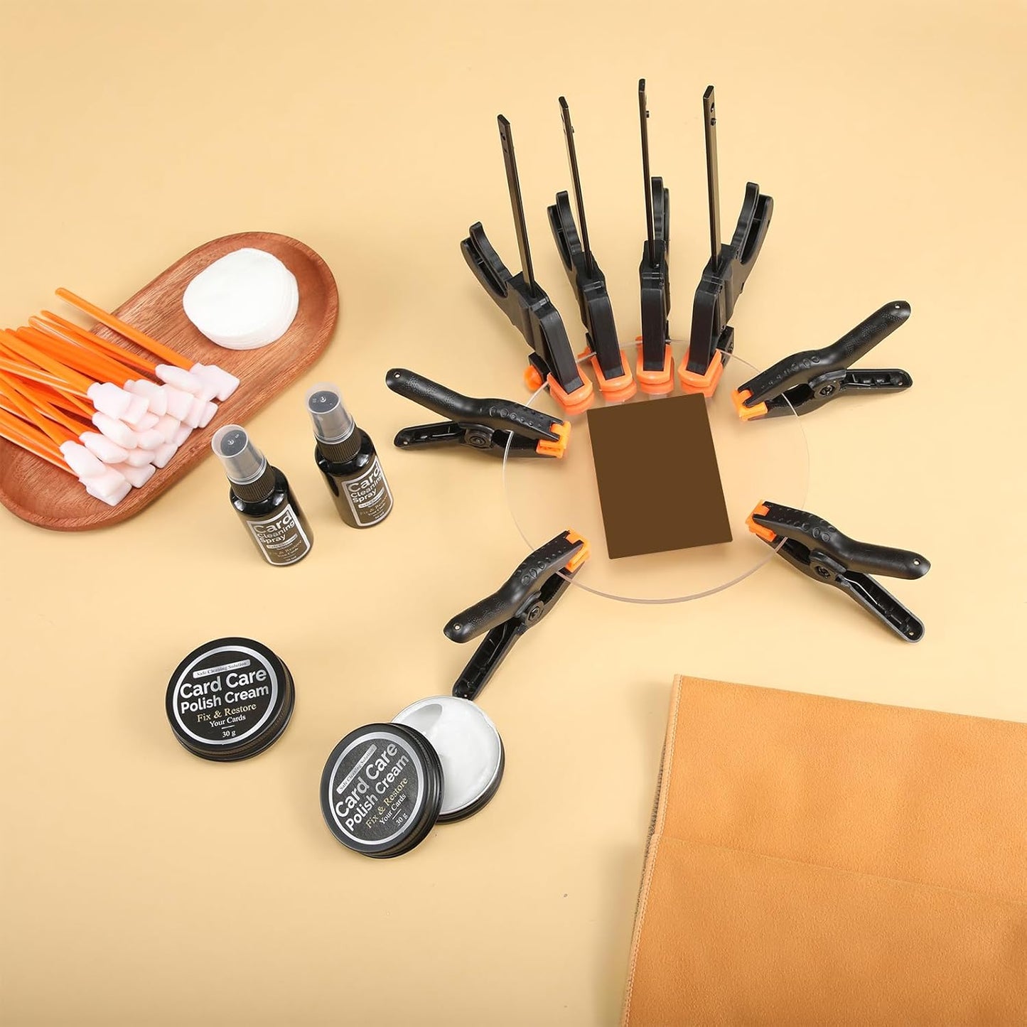 Fiwochic Trading Card Cleaning Kit Card Flattening Kit Repair Accessory Includes 2 Acrylic Discs 100 Cotton Swabs 100 Cleaning Pads 2 Polishing Paste 2 Cleaner 2 Yellow Suede Cloths 8 Small Clips