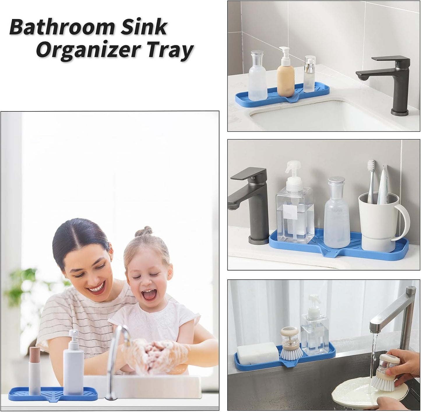 MicoYang Silicone Bathroom Soap Dishes with Drain Spout-Bathroom and Kitchen Sink Organizer,Sponge Holder,Dish Soap Tray,Perfect for Dispenser,Scrubber,Bottle,Cup on Sink or Counter-Black 4.9"×3.2"
