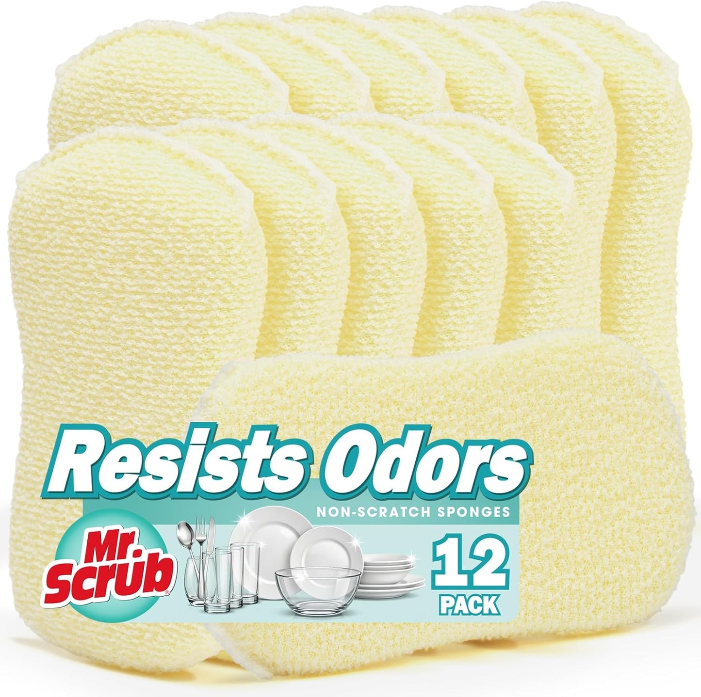 Mr. Scrub Kitchen Sponges, Dish Scrub Sponge 12 Pack Odor-Resistant, Quick-Drying, Non-Scratch for Washing Dishes, Pans, Pots & Nonstick Cookware