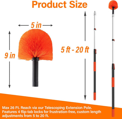 26FT Reach Cobweb Duster with Extension Pole - Spider Web Brush with 5-20 FT Telescopic Aluminum Pole, Washable & Reusable Soft Bristles for Cleaning High Ceiling Corner, Indoor, Outdoor