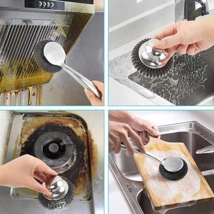 5Pcs Stainless Steel Wool Scrubber Sets, with Long & Short Handle & 3Pcs Detachable Pads, Metal Pot Scrubbers for Cleaning Dishes Iron Pots Stoves