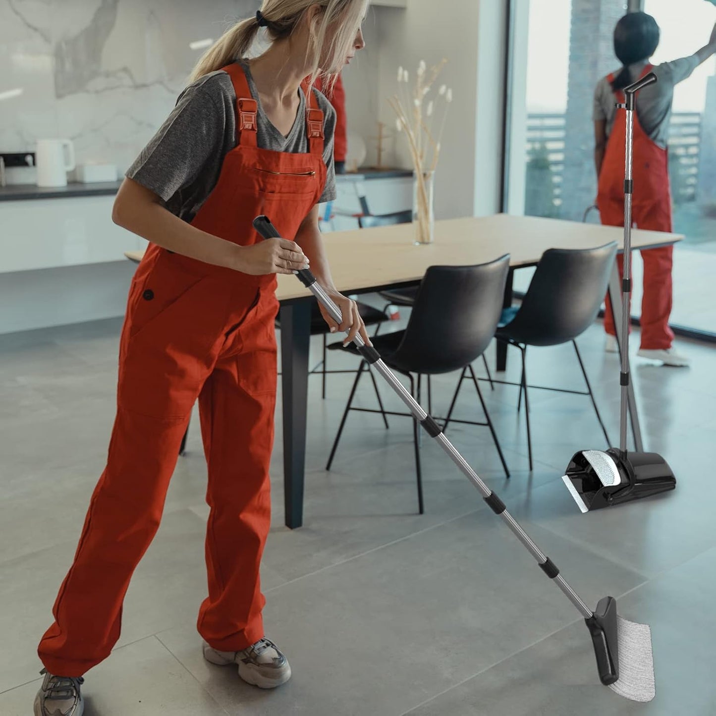 Broom with Dustpan Combo Set 54" Long Handle Adjustable Length Stainless Steel Broomstick Standing Dust Pan and Broom Set for Office Home Kitchen Lobby Floor Cleaning (Red and Black)
