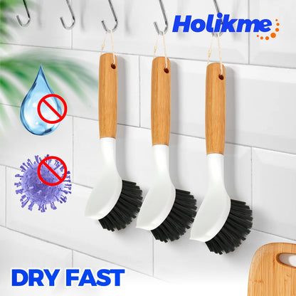 Holikme 3 Pack Dish Brush Set with Bamboo Handle, Kitchen Brushes for Cleaning Pot, Sink and Stove, Skillet Scrubber with Tough Bristles for Cast Iron Grill Pan, Yellow White Black