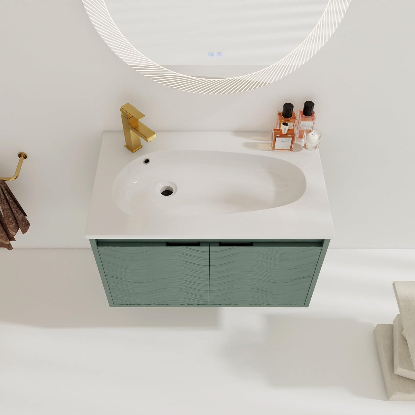 SSLine Modern 24-Inch Bathroom Vanity with Sink Wall Mounted Bathroom Vanity with Top Basin & Storage Cabinet White Wood Floating Vanity w/Ceramic Sink & Gold/Black Handles for Small Space