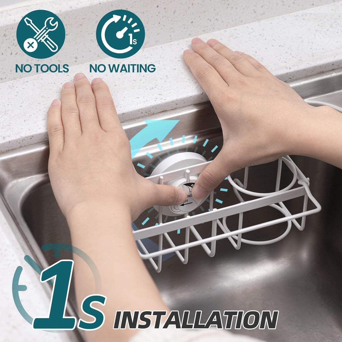 TAILI 4-in-1 Sink Caddy with Strong Suction Cup, Sponge Holder for Kitchen Sink Organizer, Removable, Rustproof, Stainless Steel Holder for Sponge, Brush, Scrubber, Scraper - Silver