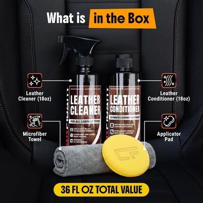 Leather Couch Cleaner - pH Neutral, Non-Toxic & Non-Greasy - Gently Removes Stains & Restores Natural Look - Safe for Car Leather Seats, Interior & Upholstery, Furniture & Sofa - 18 fl. Oz with towel