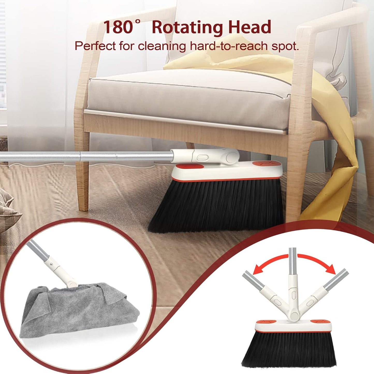 JEHONN Broom and Dustpan Set for Home, 54 Inches Long Handle Lightweight 180 Degree Rotating Indoor Upright Standing Dust Pan with Comb Teeth, Store Sweep Set for Room Kitchen Lobby Office
