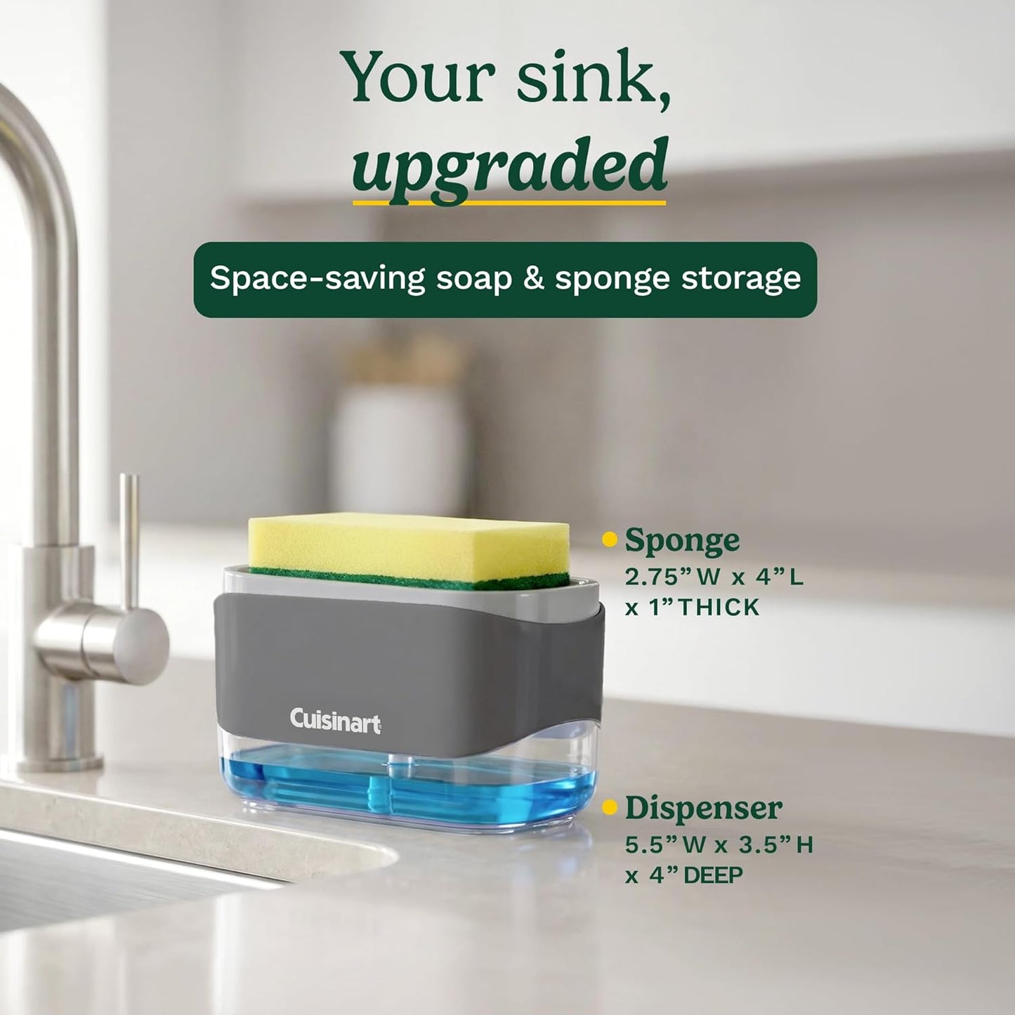 Cuisinart 2-in-1 Dish Soap Dispenser with Sponge Holder and Sponge for Kitchen Sink – Soap Pump Organizer Set with Tray, Countertop Caddy for Dishes, Dishwashing Liquid Dispenser, Sink Essentials