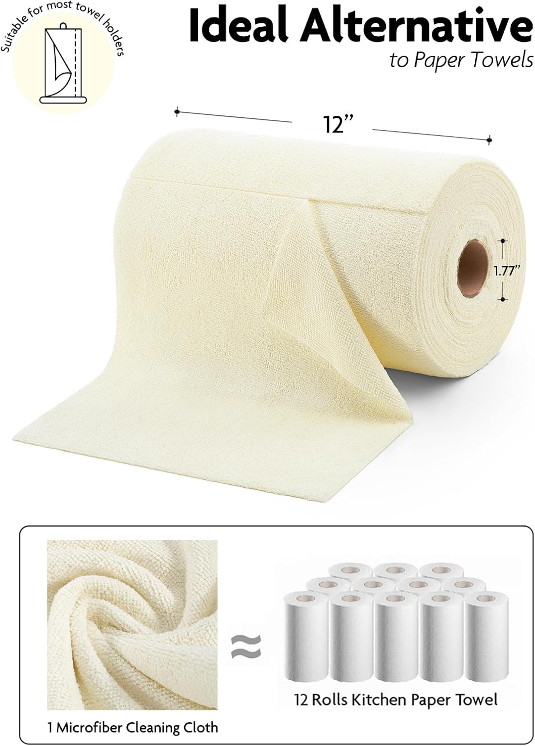 Fantasticlean Microfiber Cleaning Cloth Roll -75 Pack, Tear Away Microfiber Towels, 12" x 12", Reusable, Washable, Scratch Free, Ultra Absorbent Dishcloth for All-Around Cleaning Supplies (White)