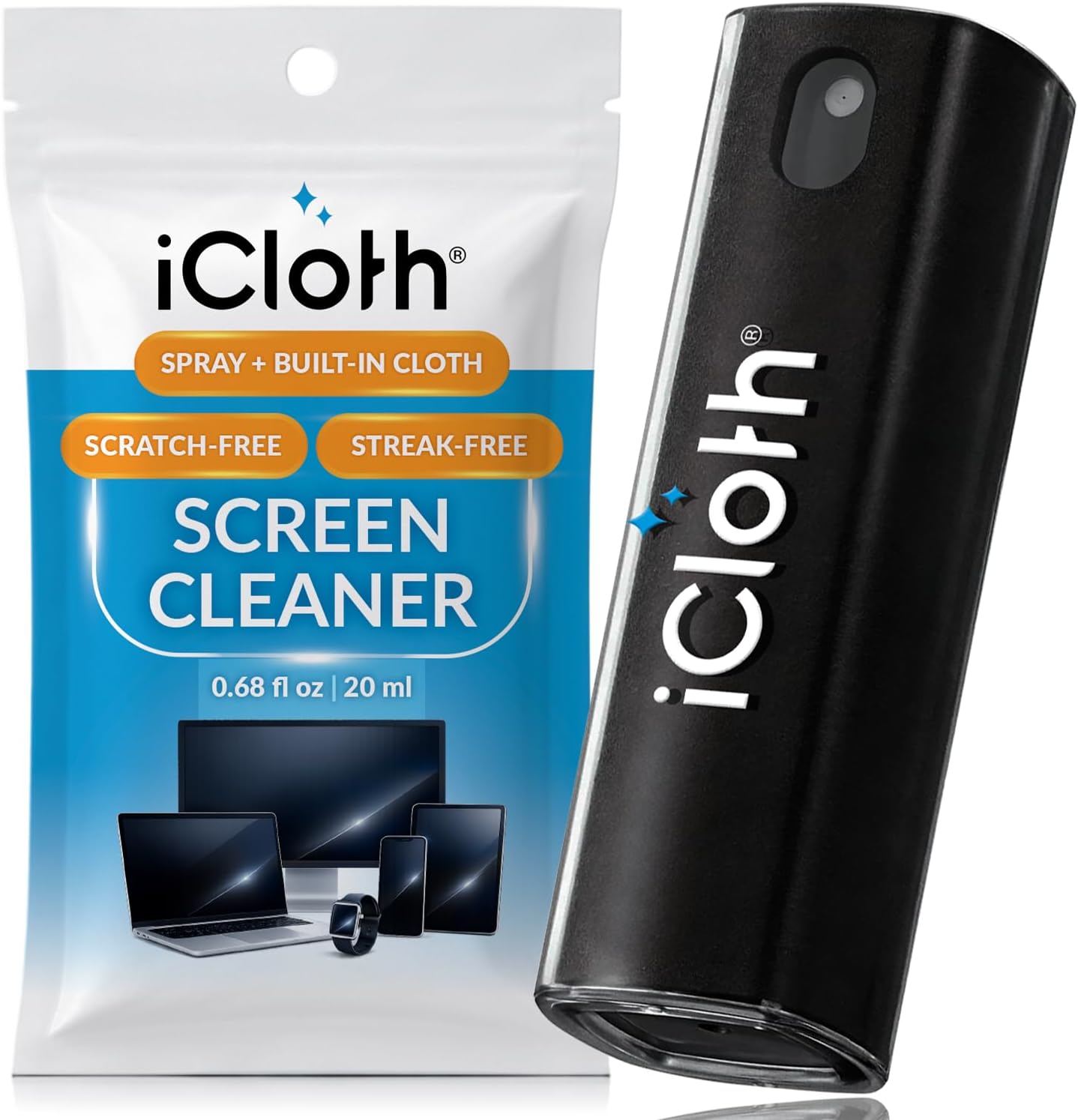 2X iCloth 2-in-1 Screen Cleaner Spray & Microfiber Cloth for Laptops, Tablets, Phones, Car Screens & Touchscreens, Streak-Free & Anti-Smudge, Large 0.68 fl oz (20ml) Bottle for Heavy Use