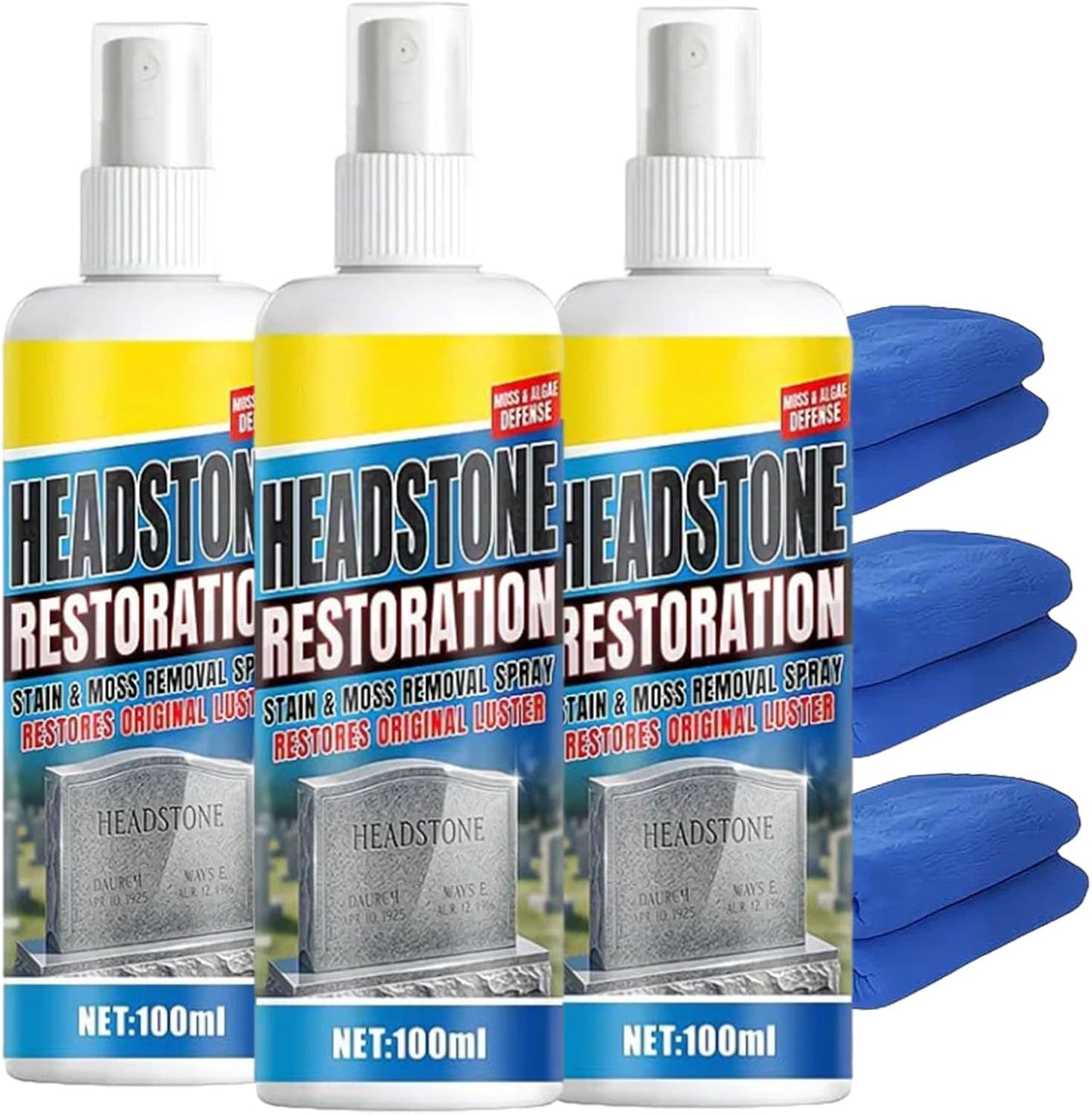Headstone Restoration and Cleaning Spray - Tombstone Monument Cleaner for Granite Marble Cemetery Memorials - Gentle Stone Care Formula 100ml/3.4oz (2PCS+2*Towel)
