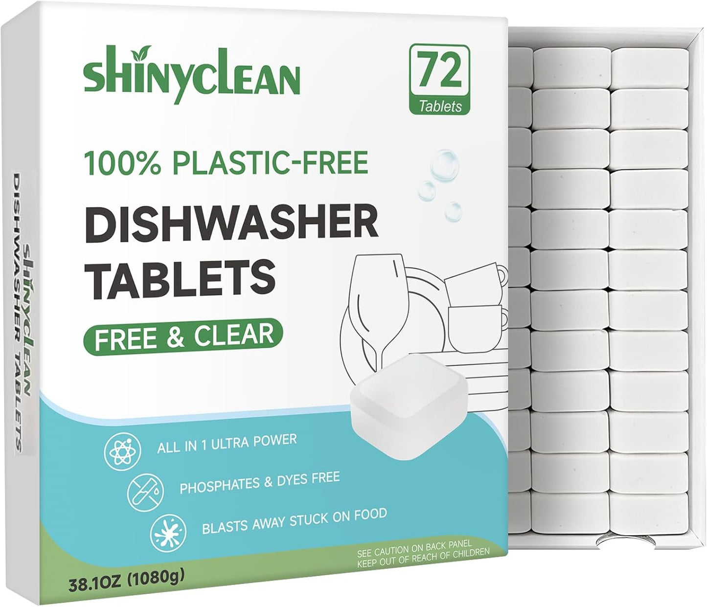100% Plastic-Free Dishwasher Detergent Tablets, 32 Count, Free & Clear, All-in-One Dishwashing Pods, Enzyme-Powered for Stuck-On Food, Phosphate & Dye Free, Residue-Free Sparkling Shine