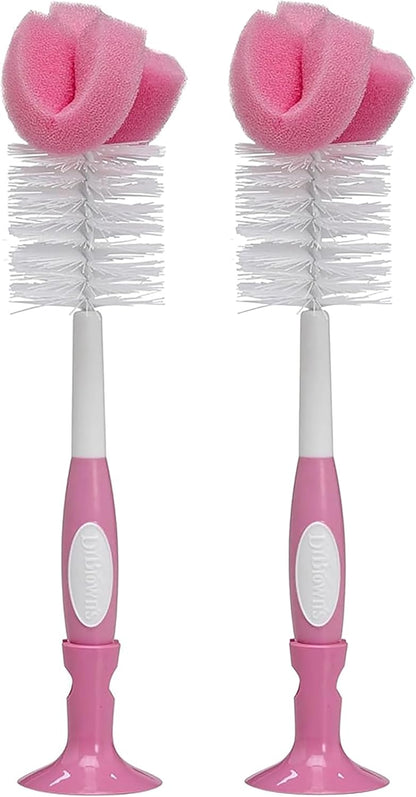 Dr. Brown's Reusable Sponge Baby Bottle Cleaning Brush with Suction Cup Stand, Scrubber and Nipple Cleaner, Pink 1-Pack