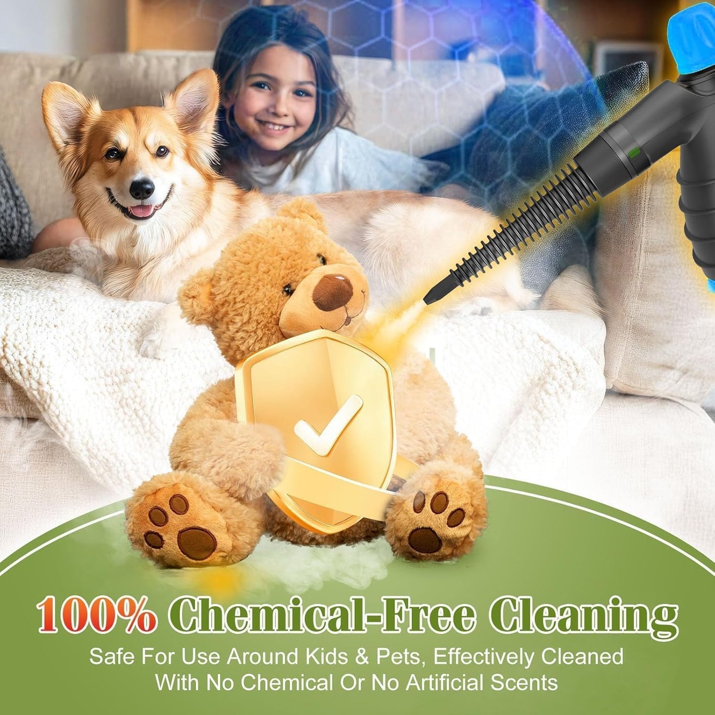 Handheld Steam Cleaner - 275°F High-Temp Fast Heating Multi-Surface Steamer for Cleaning, 100% Chemical-Free Pet Safe Portable Steam Cleaner for Home/Bath/Window/Car Detailing/Couch/Grout(Blue)