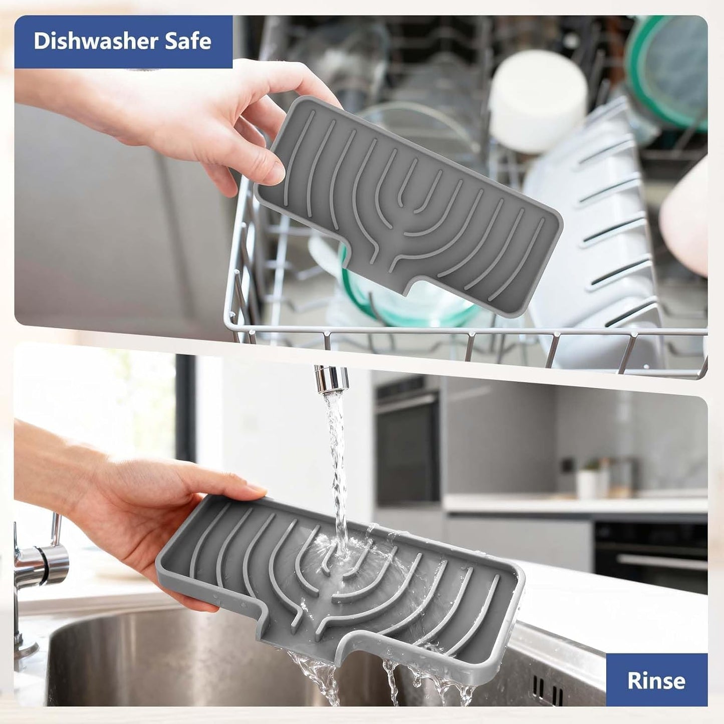 JACZZO Silicone Sponge Holder for Kitchen Sink With Drain Spout, Self Draining, Kitchen Soap Tray, Bathroom Organizer, Sink Caddy (Grey, 10×4)