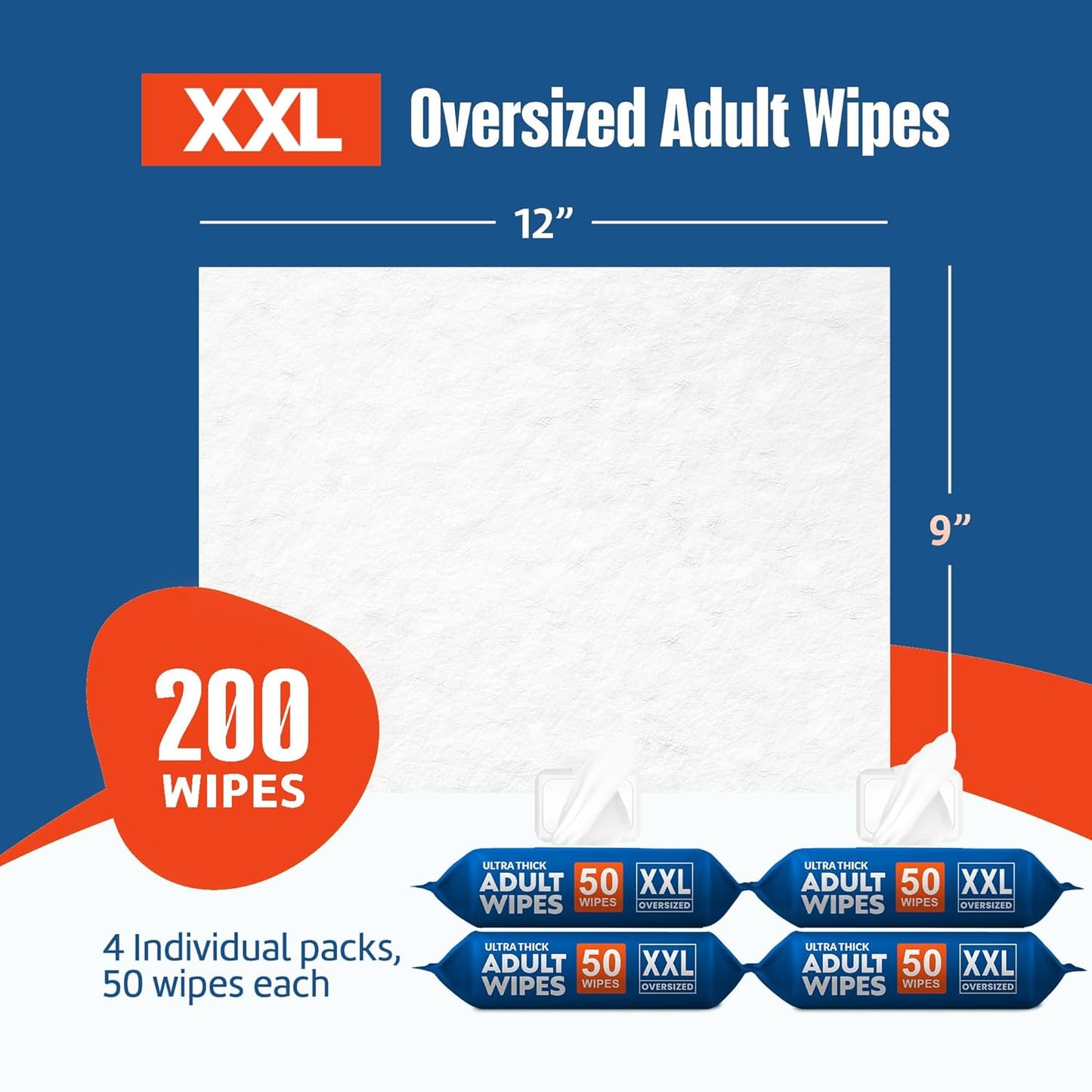 Adult Wipes for Elderly 4 Pack - Extra Large Extra Thick No-Rinse Bathing Wet Wipes for Adults - Incontinence Shower Alternative Disposable Washcloths - Fragrance-Free XXL