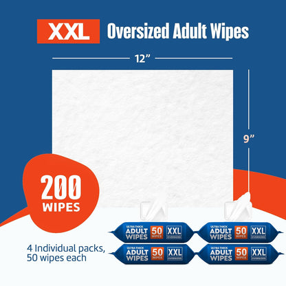 Adult Wipes for Elderly 4 Pack - Extra Large Extra Thick No-Rinse Bathing Wet Wipes for Adults - Incontinence Shower Alternative Disposable Washcloths - Fragrance-Free XXL