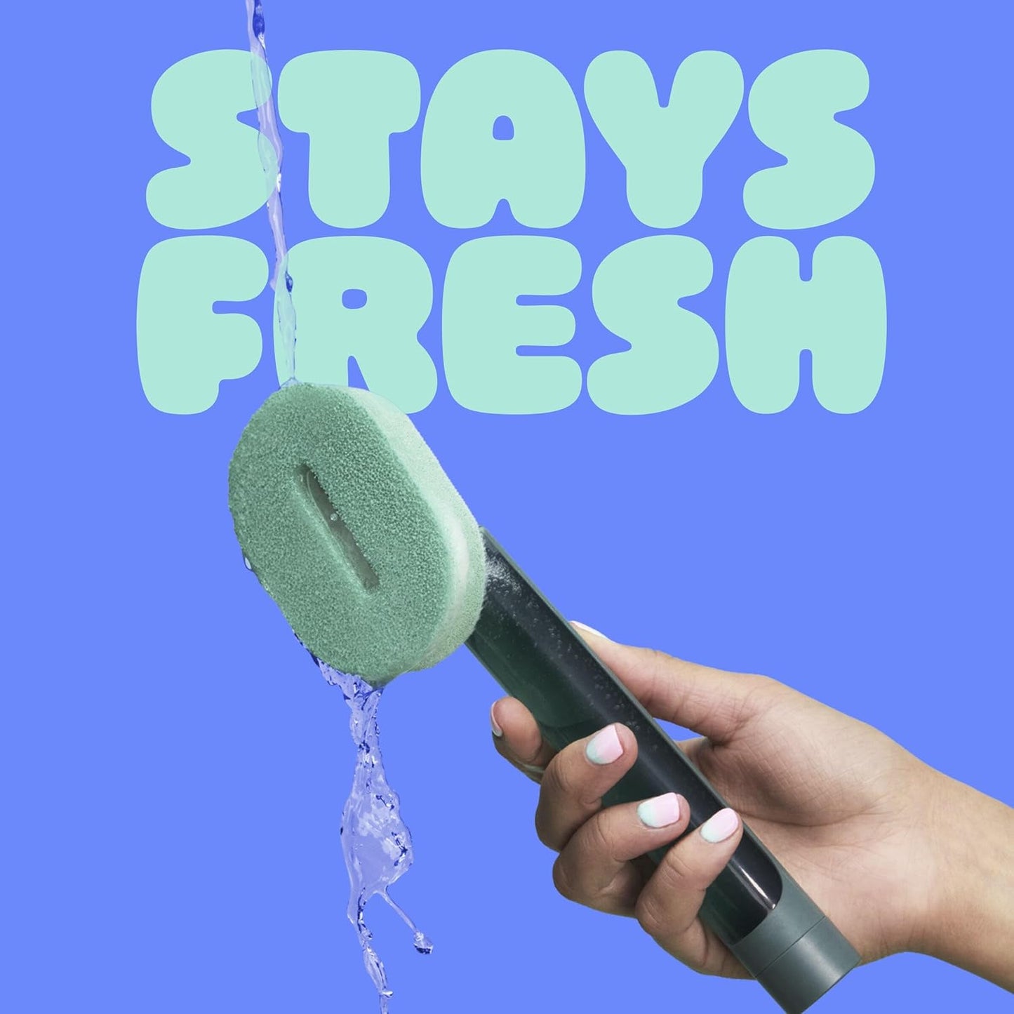 Brite by Scotch-Brite Palm Scrubber with Drain + Dry Stand, Household and Kitchen Sponge for Washing Dishes with Comfy Grip, 1 Scrub Sponge with Soap Dispenser