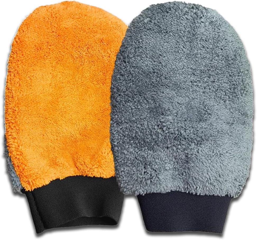 2PCS Car Wash Mitt, Coral Fleece Microfiber Dusting Mitt with Thumb, No Scratch No Lint Cleaning Glove with Elastic Wrist Cuff, Reusable Car Washing and Detailing Supplies (Thumb)