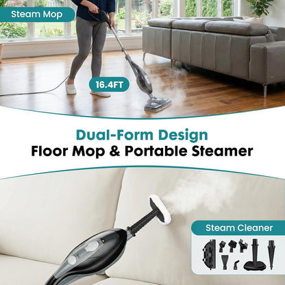 OLIXIS 10-in-1 Steam Mop, 1550W Detachable Handheld Steam Cleaner for Floor Cleaning, 16FT Cord, 2 Washable Pads, Multi-Purpose Floor Steamer for Hardwood, Carpet, Tile, Grout, Windows, White Green