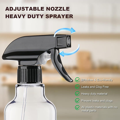 Plastic Spray Bottles Empty Spray Bottle 16.9oz/500ml 2 Pack Heavy Duty Spraying Bottles Mist/Stream Water Bottle for Cleaning Solutions, Essential Oils, Hair (Clear)