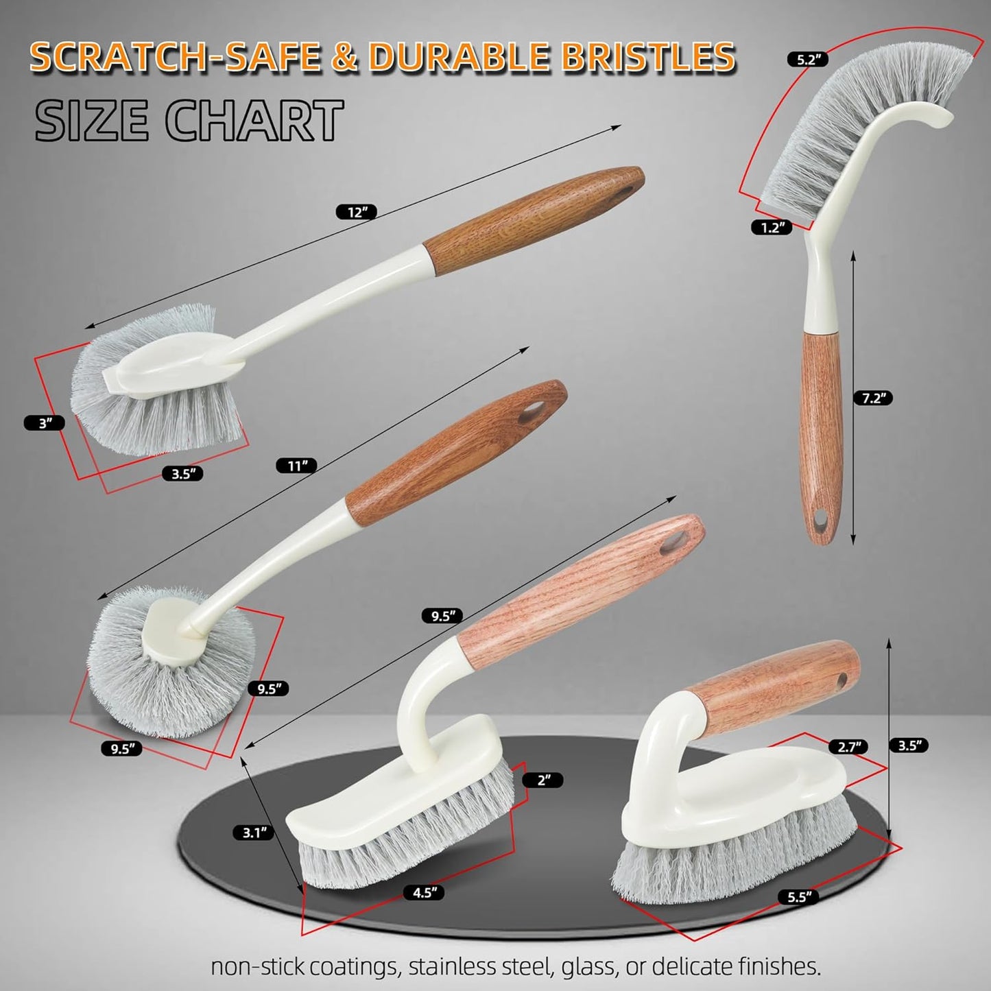 5-Pack Heavy Duty Scrub Brushes Set with Wooden Handles, Multi-Surface Scrubber for Kitchen, Bathroom, Tile & Grout, Includes Spherical, Triangle, Square & Dish Brush for Stubborn Stains