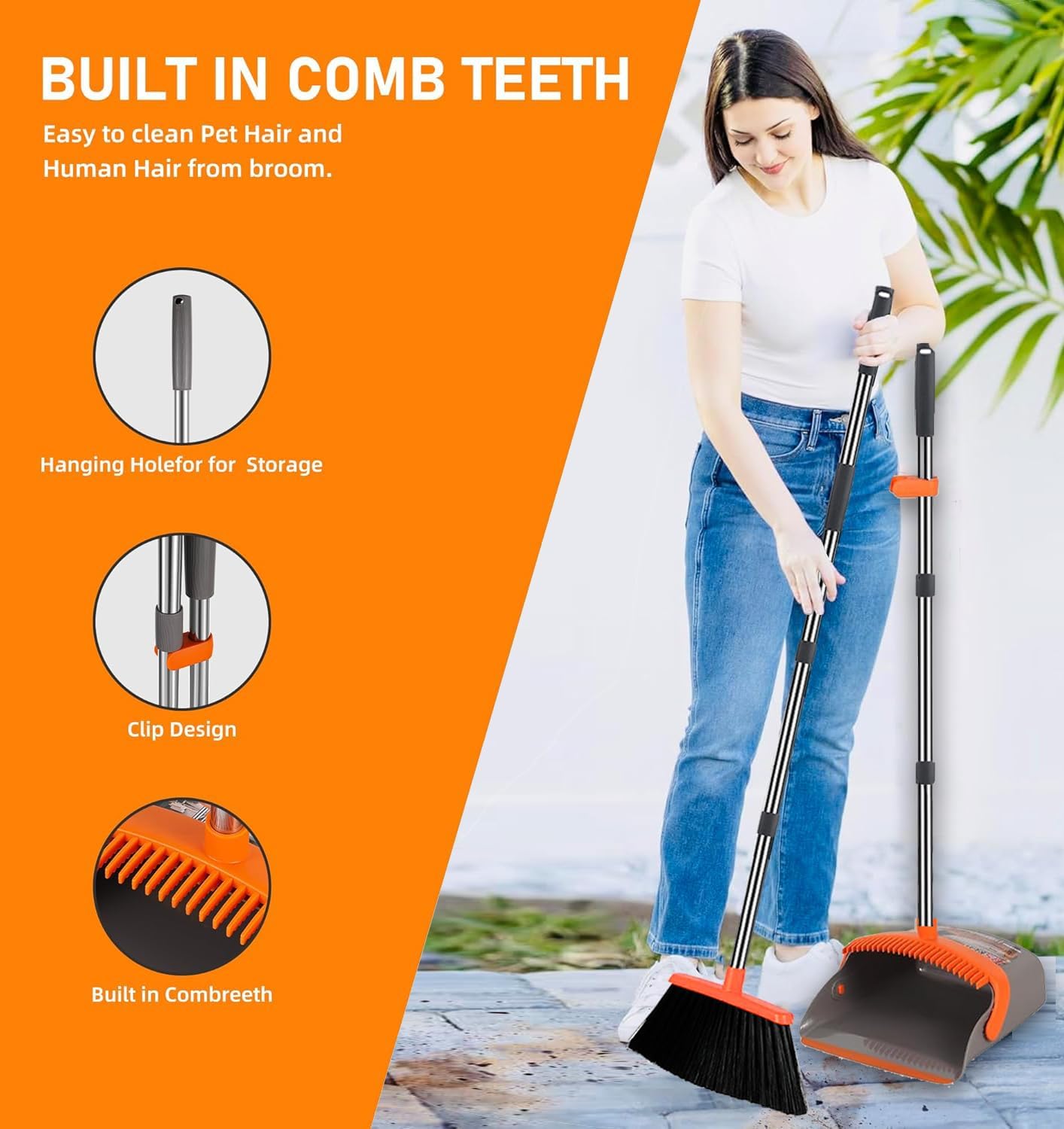 2-Pack is More economical,Brooms with Dustpan Combo Set， with 52" Long Handle, Dustpan Teeth with self-Cleaning Function, Indoor and Outdoor Sweeping, Perfect for Home Office (Large/Red /2-Pack)