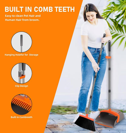 2-Pack is More economical,Brooms with Dustpan Combo Set， with 52" Long Handle, Dustpan Teeth with self-Cleaning Function, Indoor and Outdoor Sweeping, Perfect for Home Office (Large/Red /2-Pack)