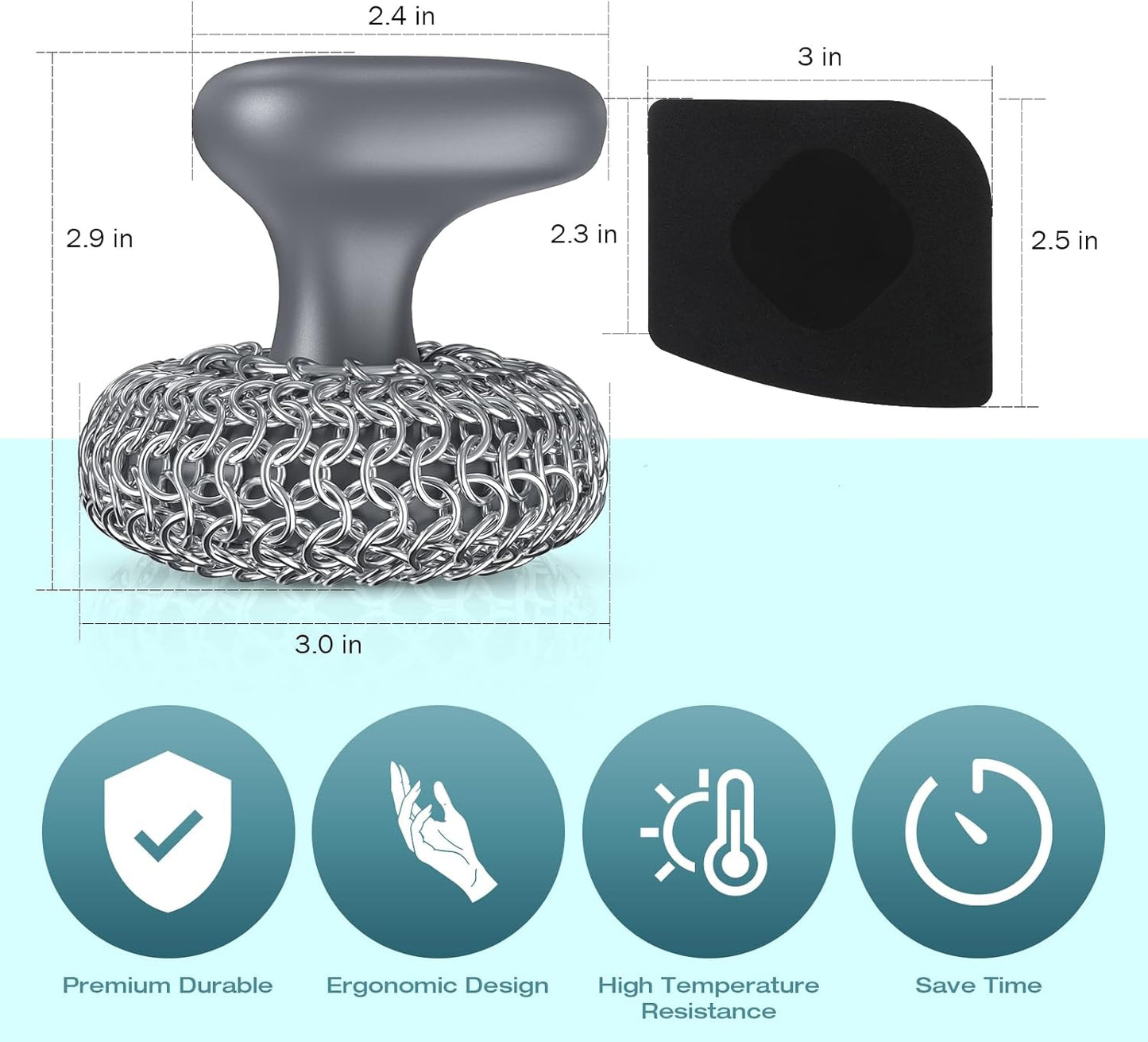 Cast Iron Scrubber | Dish Scrub Brush | 316 Cleaner Chainmail Scrubber for Cast Iron Pan Skillet Cleaner - Dish Scouring Pad Dishwasher Safe Cleaning Kit, Black 02