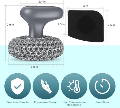 Cast Iron Scrubber | Dish Scrub Brush | 316 Cleaner Chainmail Scrubber for Cast Iron Pan Skillet Cleaner - Dish Scouring Pad Dishwasher Safe Cleaning Kit, Black 02
