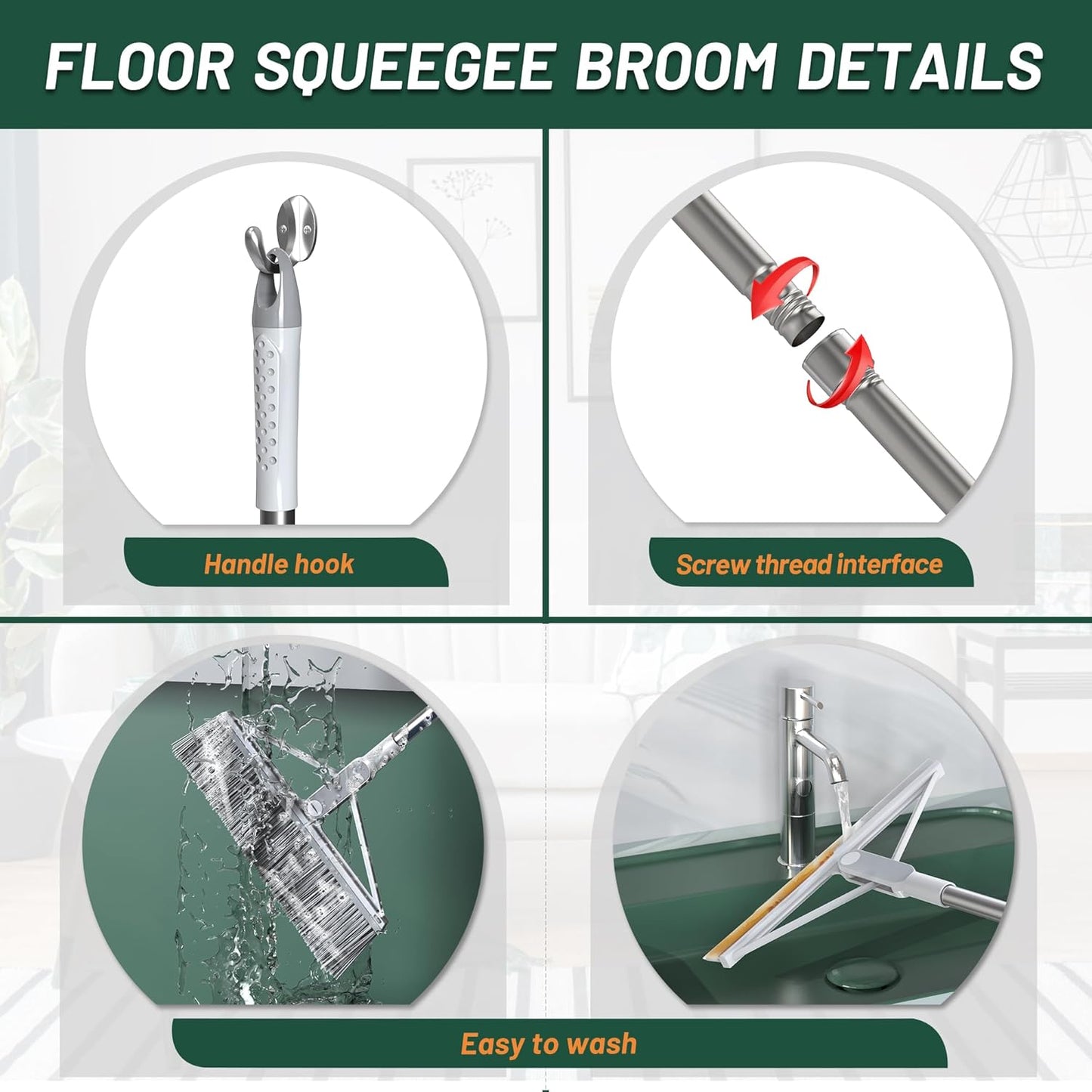 KOLLIEE Floor Squeegee Adjustable 59'' Long Handle Professional Floor Squeegee with Hook Water Squeegee Foam Blade for Concrete Floor Tile Pet Hair Floor Wiper