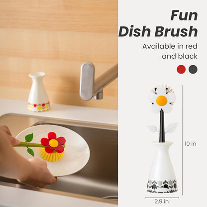 Vigar Flower Power Dish Brush with Vase Brush Holder, Dish Brush with Handle for Pot Scrubber, Dishes, Sink, and Kitchen Essentials, White, Black