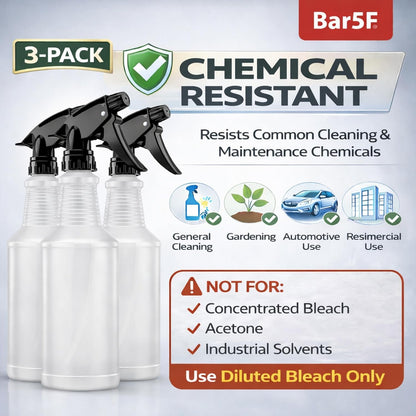 Bar5F Spray Bottles, 24oz, 3 Pack, Chemical-Resistant, BPA-Free, Compatible with Vinegar, Rubbing Alcohol, Cleaning Solutions, Non-Toxic HDPE Bottle for Plants, Pet, BBQ, Auto Detailing, Made in USA