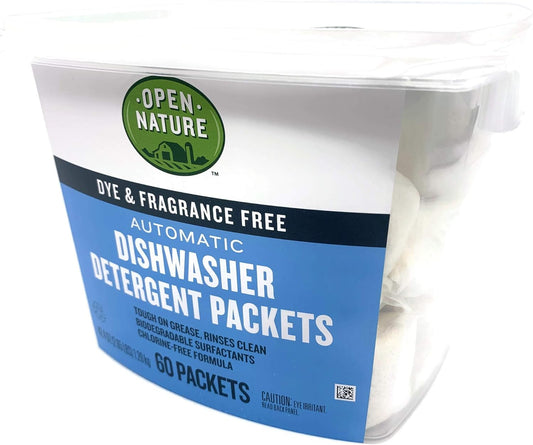 Open Nature Earth Friendly Dishwasher Detergent Packets, Biodegradable, Dye & Fragrance Free (60 Packets)