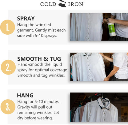 Cold Iron Wrinkle Release Spray for Clothes. Atlas Travel Size 3 fl oz/89 ml. Fragrance Free. Fast, Easy to Use Ironing Alternative. Spray, Smooth, Hang. Award Winning for People on The Go