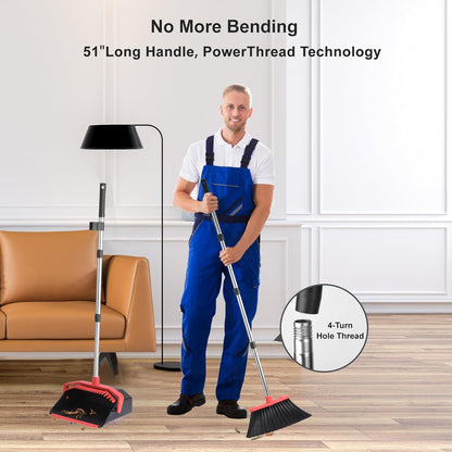 Tiumso 3-Pack Upright Broom with Dustpan Combo Set, Commercial Broom and Dustpan Set, Industrial Brooms and Dust Pan with Long Handle for Restaurant Kitchen Shop Warehouse Lobby Garage - Black