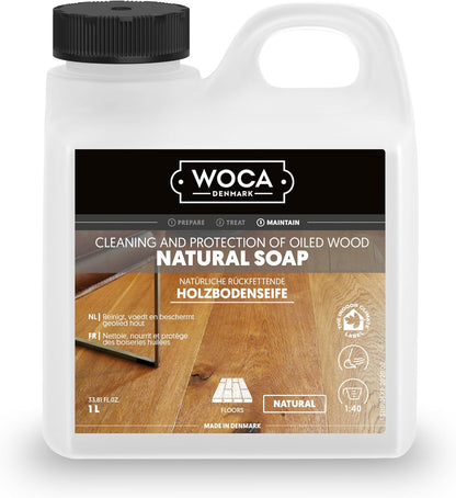 WOCA Natural Soap, Natural 1L - Concentrated Wood Cleaner for oil finished hardwood floors, tables, millwork, cutting boards, countertops and butcher block