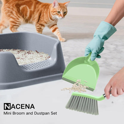 NACENA Mini Broom and Dustpan Set, Small Dust Pan and Brush Set with Handle Dustpan Teeth for Cleaning Hair Suitable for Office Desks Drawers Sofas Outdoor Camping, Light & Purple