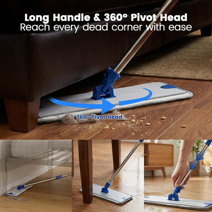 17.5 Inch Professional Microfiber Mop Floor Cleaning System, Heavy Duty Flat Mop with Stainless Steel Handle&Aluminum Alloy Base, 4 Reusable Washable Wet & Dust Mops Pads for Hardwood Tile Laminate