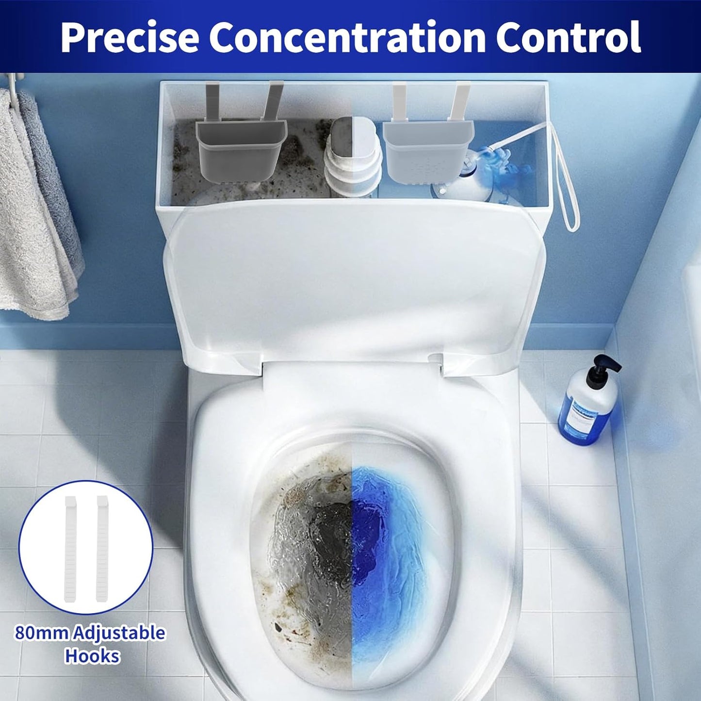 Controlled Release Toilet Bowl Cleaner Tablets Holder, Universal Toilet Tank Cleaner Dispenser with Adjustable Hooks, Hanging Bleach Tablet Bracket for Long-Lasting Cleaning, Prevents Tank Buildup