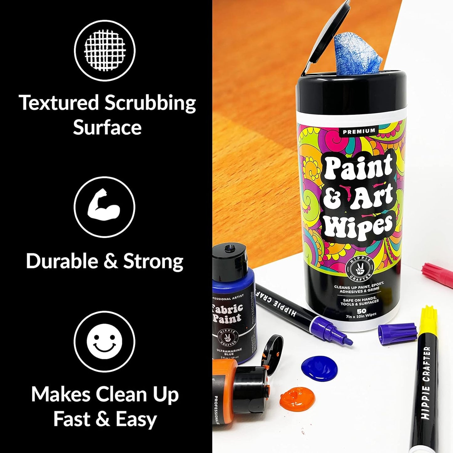 HIPPIE CRAFTER Paint and Art Wipes, 1 Pack (50 Piece) Heavy-Duty Cleaning Wipes for Paint, Epoxy, Glue, Latex & Acrylic Stains, Safe for Hands, Brushes, Plastic, Metal, Wood & Floors