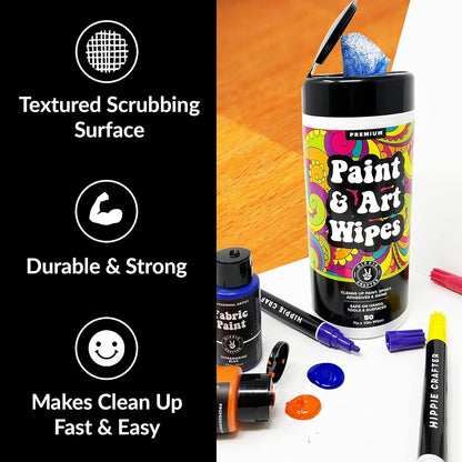 HIPPIE CRAFTER Paint and Art Wipes, 1 Pack (50 Piece) Heavy-Duty Cleaning Wipes for Paint, Epoxy, Glue, Latex & Acrylic Stains, Safe for Hands, Brushes, Plastic, Metal, Wood & Floors