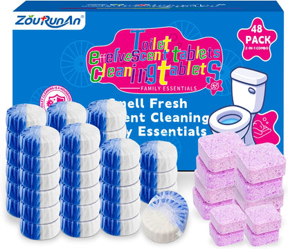 2-in-1 Toilet Cleaning Tablets (48 Pack) - 16 Effervescent Toilet Bowl Stain Remover and 32 Blue White Toilet Tank Cleaner Tablets - Limescale Removal for Septic System