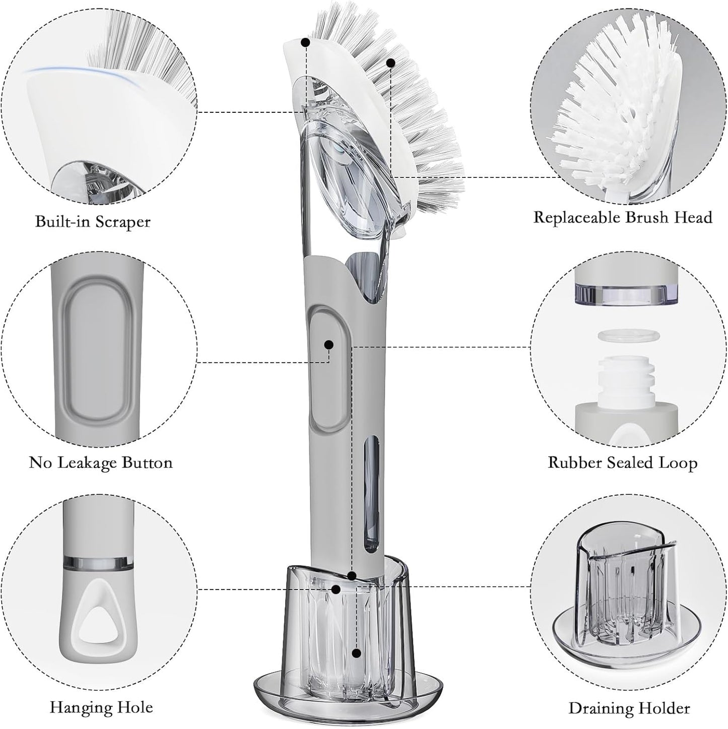 Soap Dispensing Replacement Dish Brush Storage Set with 2 PCS Brush Refills & Holder - RIMAY Dispenser Scrub Cleaning Scrubber Kitchen Dishwashing Dish Wand Handle for Dishes/Pans/Pots/Sink(Black)