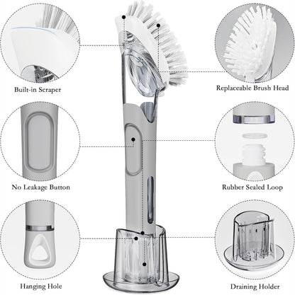 Soap Dispensing Replacement Dish Brush Storage Set with 2 PCS Brush Refills & Holder - RIMAY Dispenser Scrub Cleaning Scrubber Kitchen Dishwashing Dish Wand Handle for Dishes/Pans/Pots/Sink(Black)